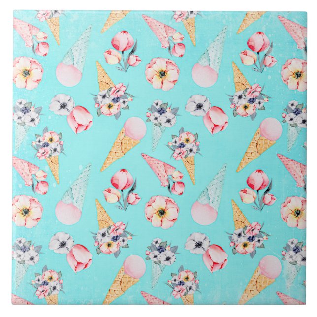 Teal Summer Fun Flower Ice Cream Cone - Pattern Tile (Front)