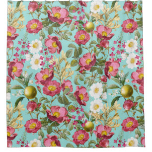 Teal Summer Garden - Vintage Redouté Cottage Roses Shower Curtain