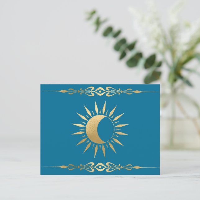 Teal Sun Moon Wicca Postcard | Mystical Sun  (Standing Front)