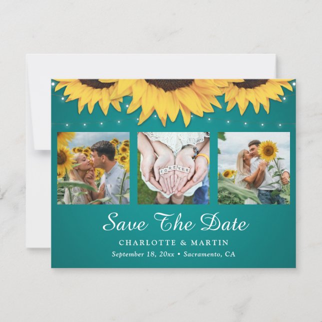 Teal Sunflower 3 Photo Collage Wedding Save The Date (Front)