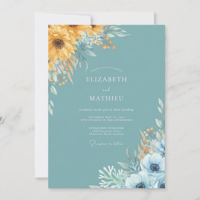 Teal Sunflower Botanical Flourish Wedding Invitation (Front)