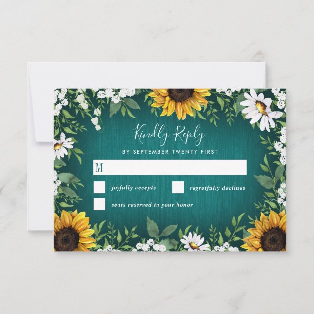 Teal Sunflower Country Rustic Wedding RSVP Cards (Front)
