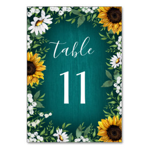 Teal Sunflower Country Wedding Table Number Cards