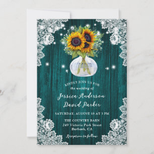 Teal Sunflower Mason Jar Floral Lace Wood Wedding Invitation