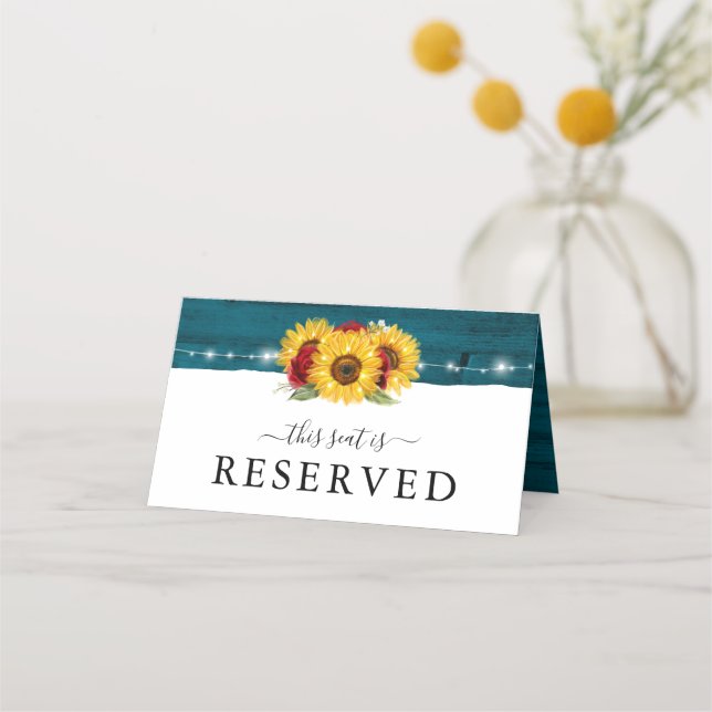 Teal Sunflower Rose Reserved Wedding Table Signs Place Card (Back)