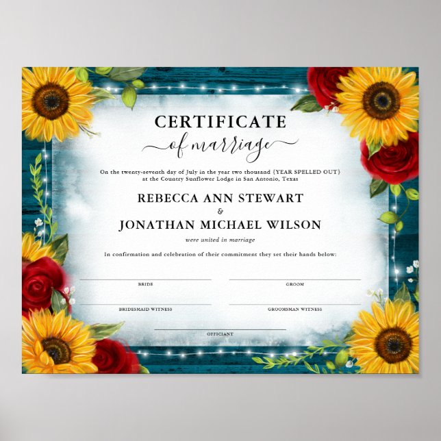 Teal Sunflower Rose Wedding Marriage Certificate Poster (Front)
