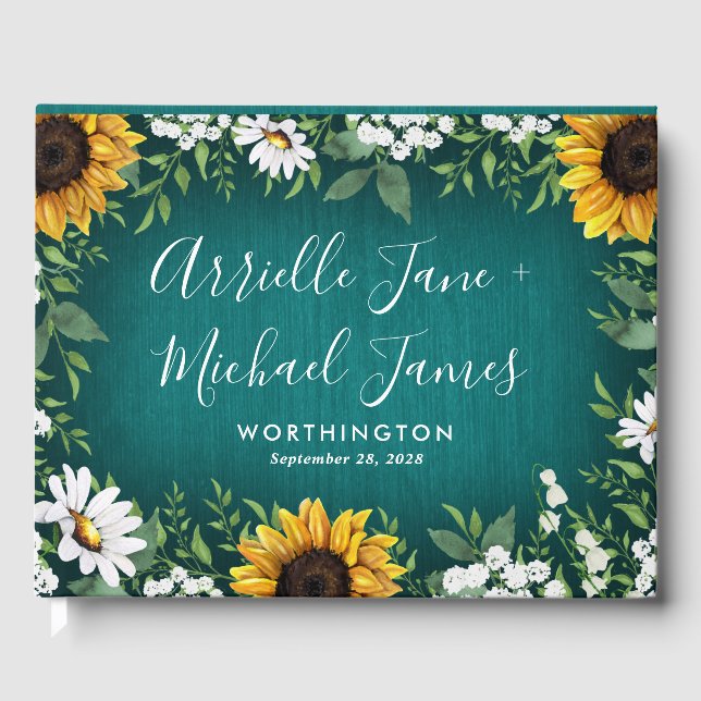 Teal Sunflower Rustic Country Wedding Guest Book (Front)