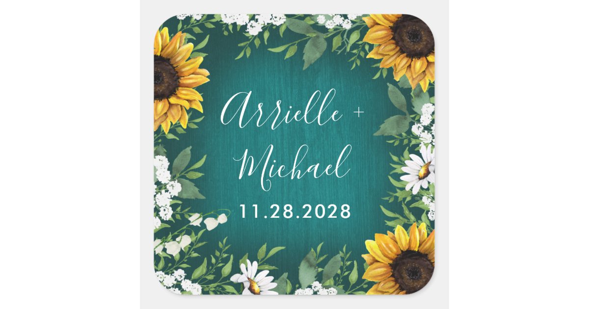 Teal Sunflower Rustic Wedding Favours Stickers | Zazzle