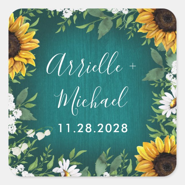 Teal Sunflower Rustic Wedding Favours Stickers (Front)