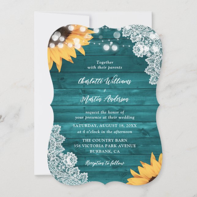 Teal Sunflower Rustic Wood Floral Lace Wedding Invitation (Front)