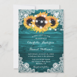 Teal Sunflower Rustic Wood Lace Wedding Invitation
