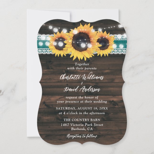Teal Sunflower Rustic Wood String Lights Wedding Invitation (Front)