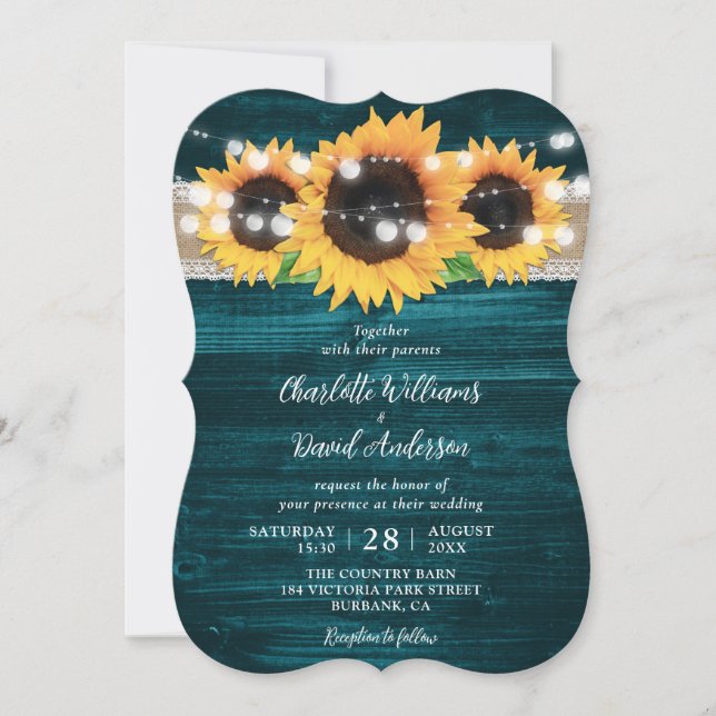 Teal Sunflower String Lights Burlap Wood Wedding Invitation (Front)