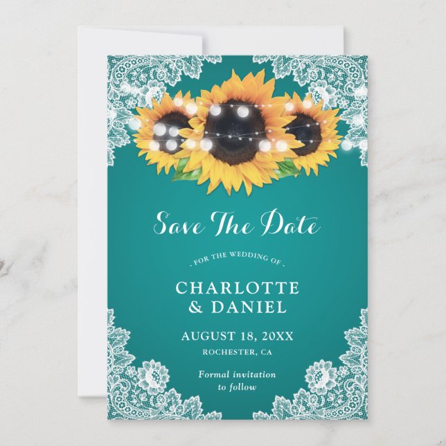 Teal Sunflower String Lights Rustic Floral Lace Save The Date (Front)