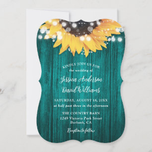 Teal Sunflower String Lights Wood Wedding Invitation