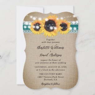 Teal Sunflower Vintage Burlap Lace Wedding Invitation