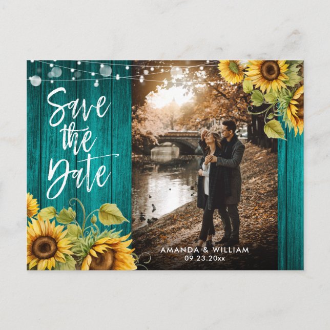 Teal Sunflower Wedding Photo Save The Date Announcement Postcard (Front)