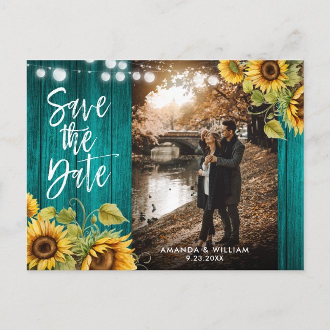 Teal Sunflower Wedding Photo Save The Date Announcement Postcard (Front)
