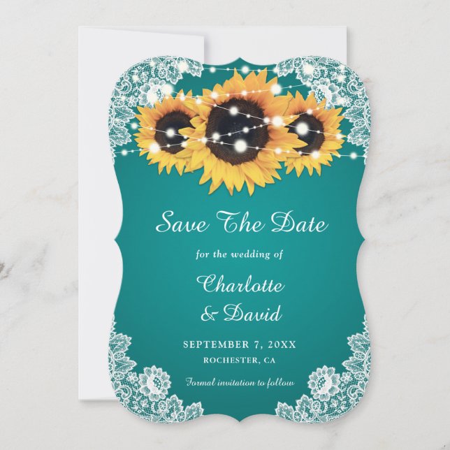 Teal Sunflower Wedding Save The Date (Front)