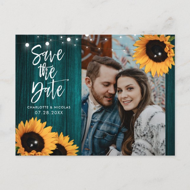 Teal Sunflower Wedding Save The Date Photo Postcard (Front)