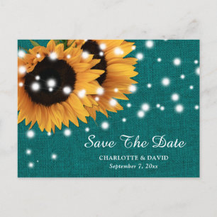 Teal Sunflower Wedding Save The Date Postcard