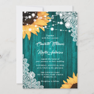 Teal Sunflower Wood Floral Lace Wedding Invitation