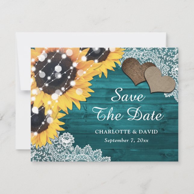 Teal Sunflower Wood Lace Burlap Hearts Wedding Announcement (Front)