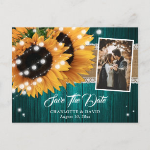 Teal Sunflower Wood String Lights Wedding Photo Announcement Postcard