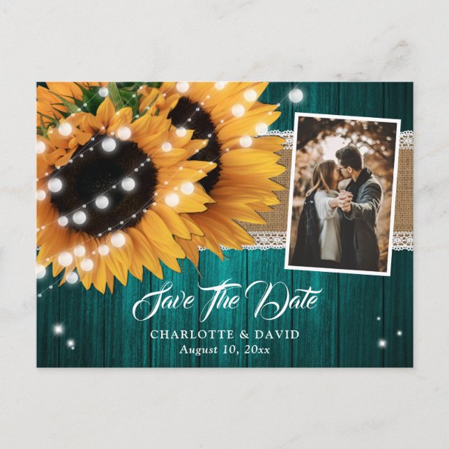 Teal Sunflower Wood String Lights Wedding Photo Announcement Postcard (Front)