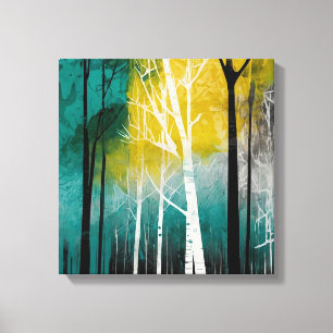 Teal sunset forest Watercolor wall art