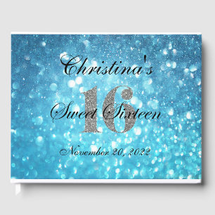 Teal Sweet 16 Silver Glitter Custom Guest Book