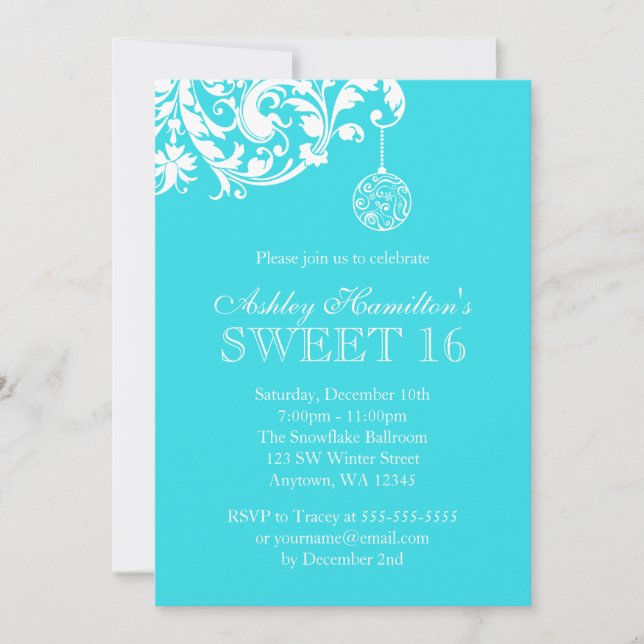 Teal Sweet 16 Winter Wonderland Swirl Ornament Invitation (Front)
