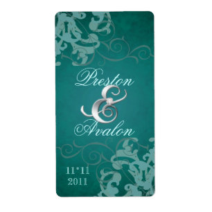 Teal Swirl Silver Jewelled Wedding Wine Label
