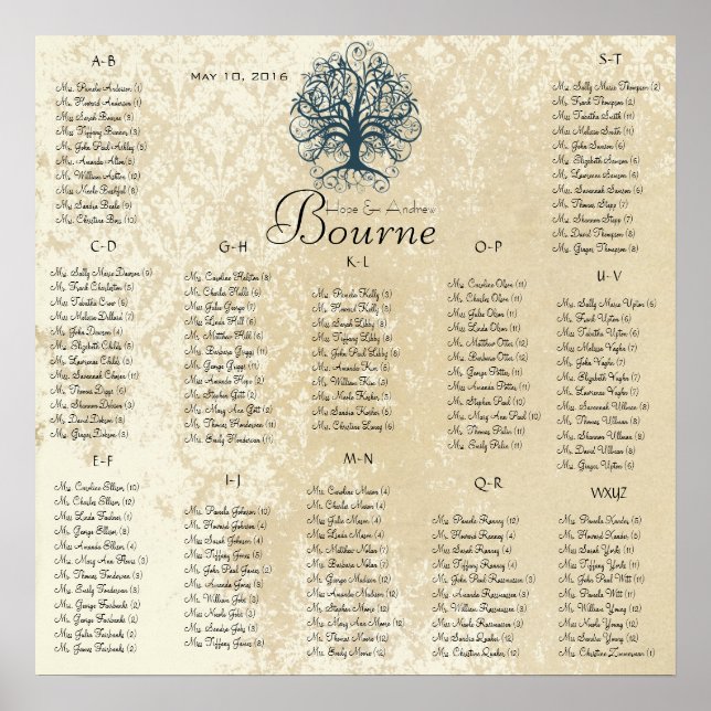 Teal Swirl Tree -100 to 150 guests - alphabetical Poster (Front)