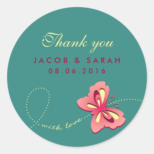 Teal Swirls Butterfly Wedding Thank You Sticker (Front)