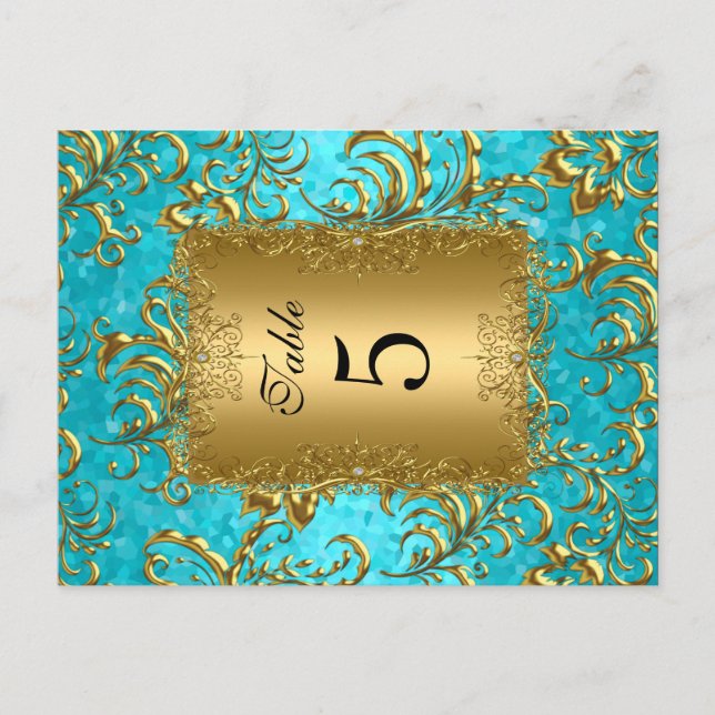 Teal Table Number Seating Place Cards Damask (Front)