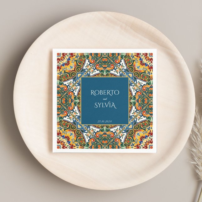 Teal talavera vintage Mexican wedding monogrammed Napkin (Teal talavera vintage Mexican wedding customized monogrammed Napkins personalized table decor)