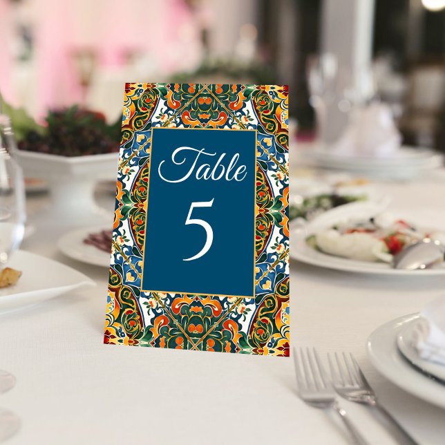Teal talavera vintage Mexican wedding Table Number (Teal talavera vintage Mexican wedding Table Number cards personalized wedding reception table number)