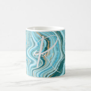  Teal Tan Agate Marble Abstract Name Monogram  Coffee Mug