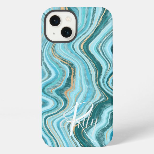  Teal & Tan Agate Marble Abstract Name Monogram  iPhone Case (Back)