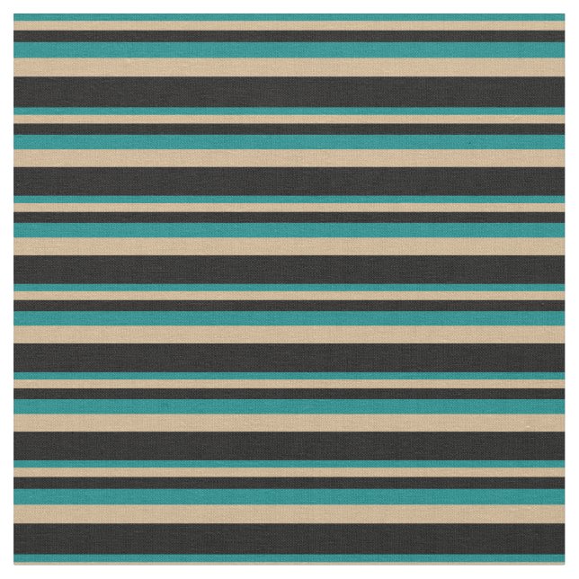 Teal, Tan, and Black Striped Pattern Fabric (Close Up)