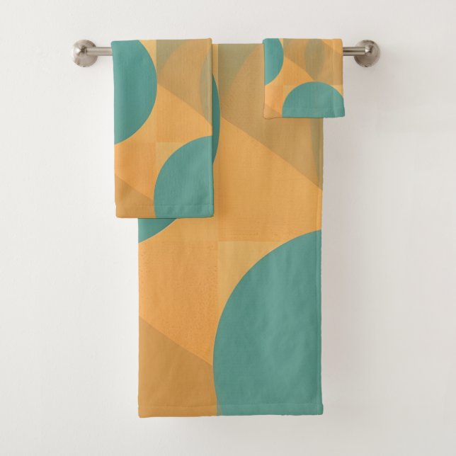 Teal, Tan, and Orange in Retro Look Pattern Bath Towel Set (Insitu)