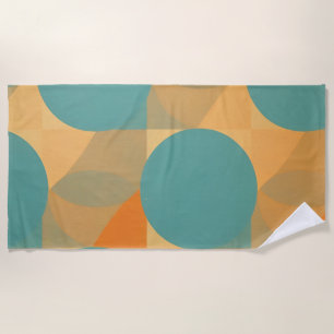 Teal, Tan, and Orange in Retro Look Pattern Beach Towel