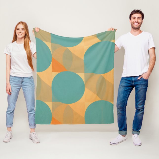 Teal, Tan, and Orange in Retro Look Pattern Fleece Blanket (In Situ)