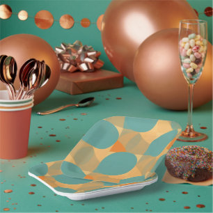 Teal, Tan, and Orange in Retro Look Pattern Paper Plate