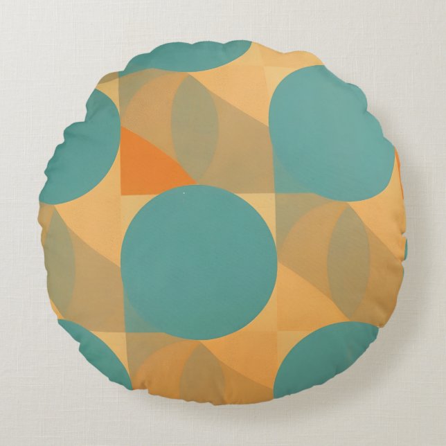 Teal, Tan, and Orange in Retro Look Pattern Round Cushion (Front)