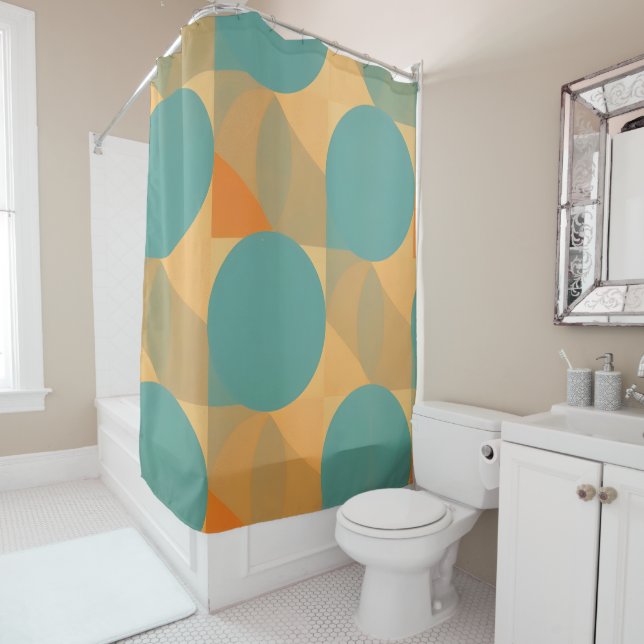 Teal, Tan, and Orange in Retro Look Pattern Shower Curtain (In Situ)