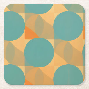 Teal, Tan, and Orange in Retro Look Pattern Square Paper Coaster