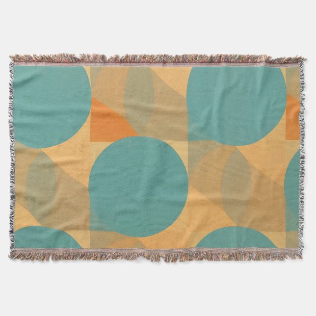 Teal, Tan, and Orange in Retro Look Pattern Throw Blanket (Front)