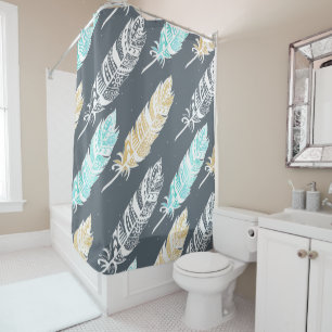 Teal Tan Boho Tribal Feathers Shower Curtain